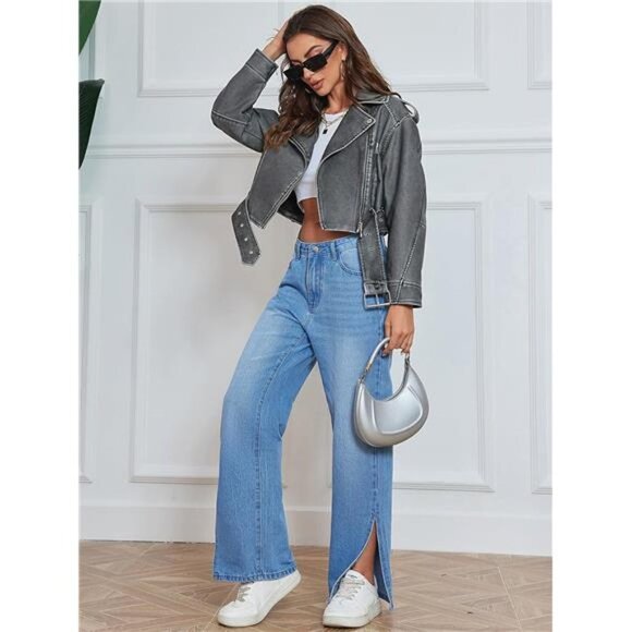 Gray Faux Leather Oversized Cropped Jacket Belted Biker Moto Jacket Coat Zip Up - Picture 5 of 8